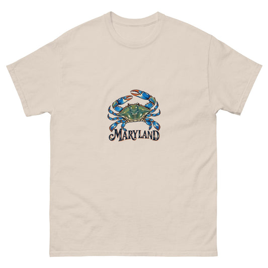 Natural cotton T-shirt showing the original Maryland blue crab graphic on the front