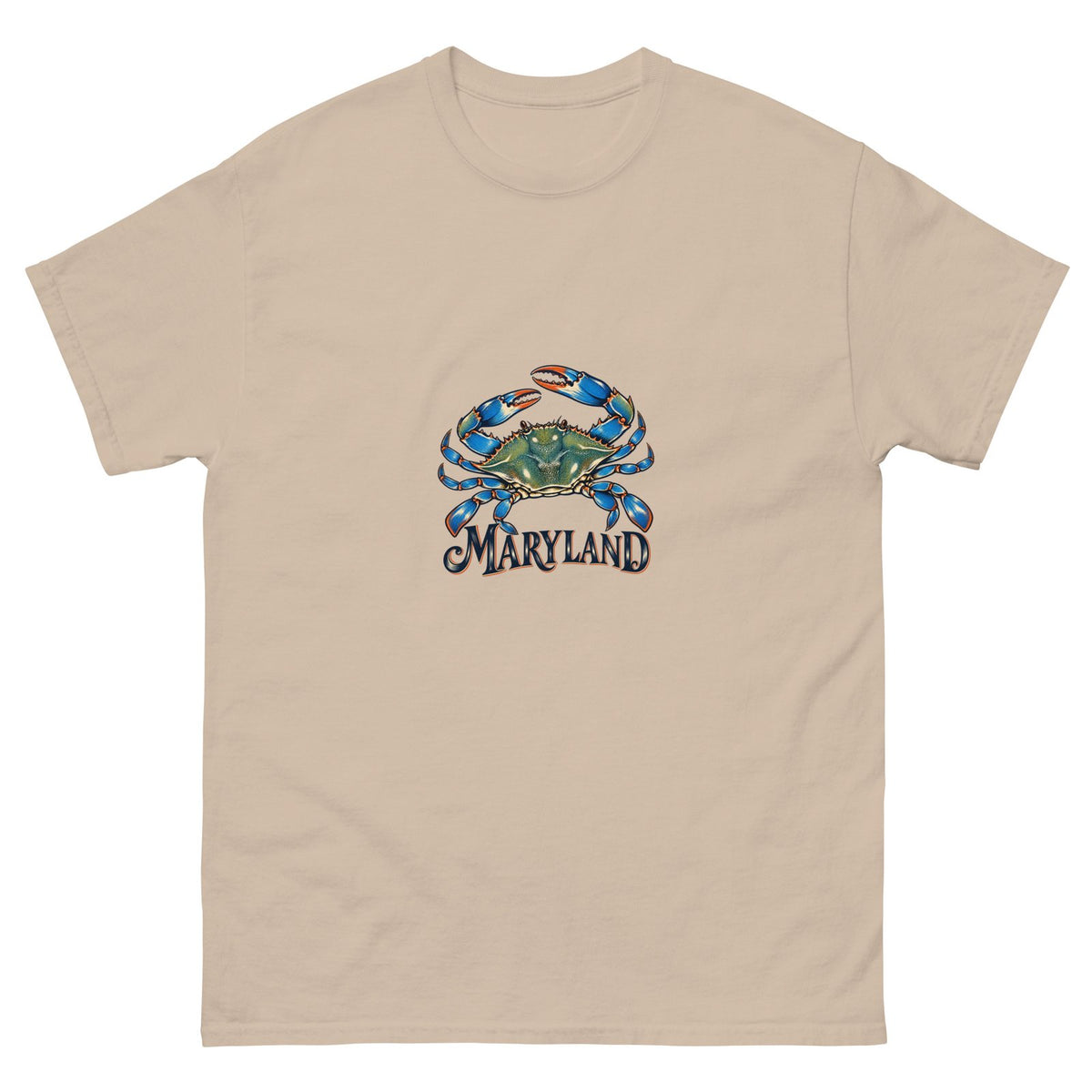 Sand cotton T-shirt showing the original Maryland blue crab graphic on the front