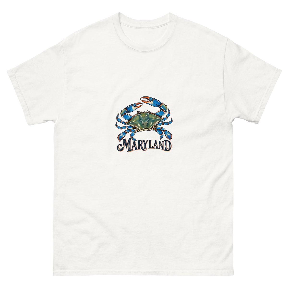 White cotton T-shirt showing the original Maryland blue crab graphic on the front