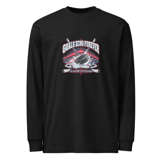 Goals Echo Forever Hockey Legacy Heavyweight Long Sleeve Shirt in black, front view
