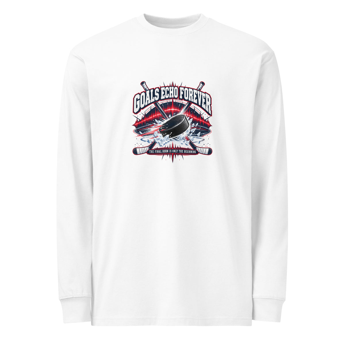 Goals Echo Forever Hockey Legacy Heavyweight Long Sleeve Shirt in white, front view