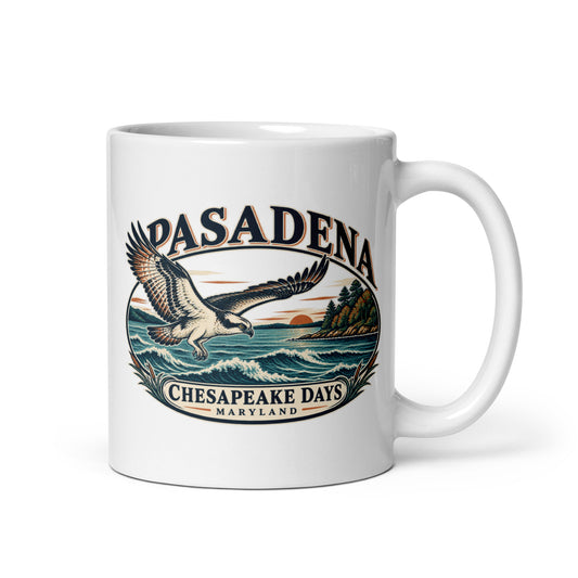 Pasadena Chesapeake Days osprey artwork printed on an 11-ounce white ceramic mug with handle on the right