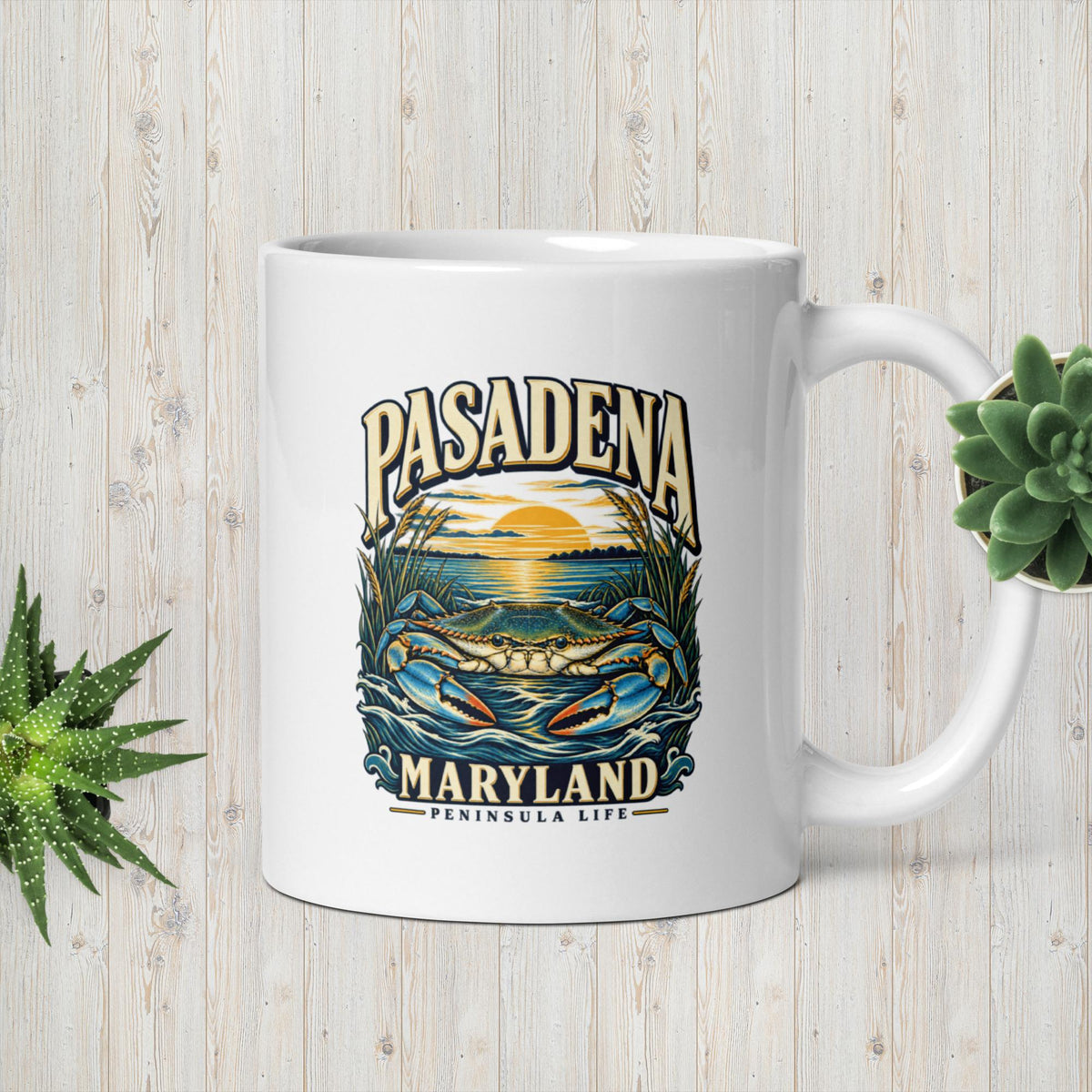 Original Pasadena Maryland Peninsula Life blue crab artwork printed on the 11 oz white ceramic mug