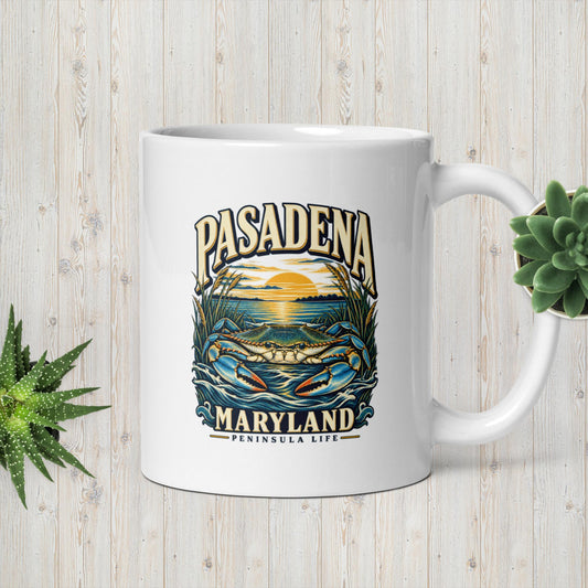 Original Pasadena Maryland Peninsula Life blue crab artwork printed on the 11 oz white ceramic mug