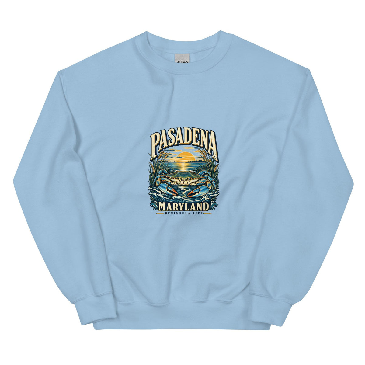 Light Blue crewneck sweatshirt showing the original Pasadena Peninsula Life blue crab graphic on the front