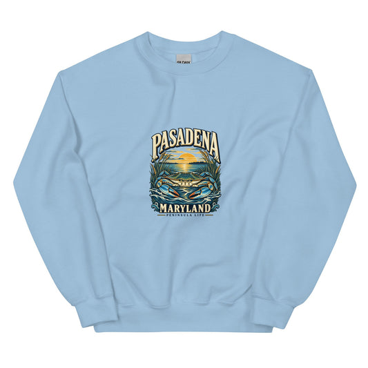 Light Blue crewneck sweatshirt showing the original Pasadena Peninsula Life blue crab graphic on the front