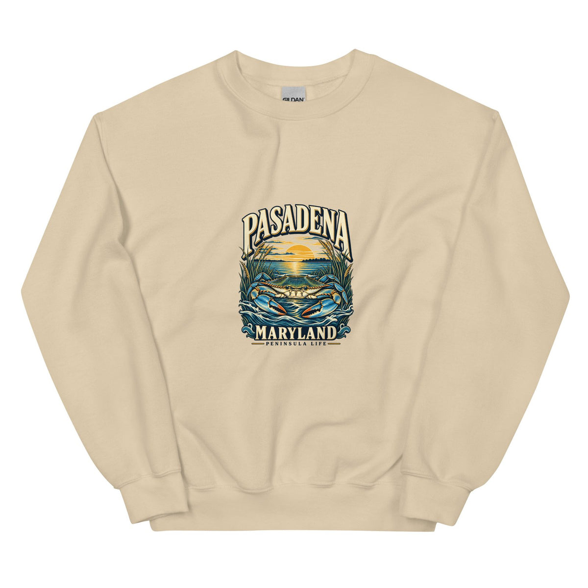 Sand crewneck sweatshirt showing the original Pasadena Peninsula Life blue crab graphic on the front