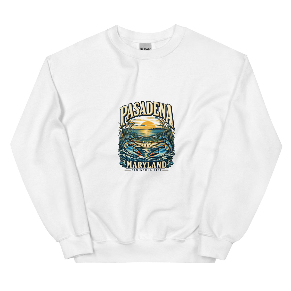 White crewneck sweatshirt showing the original Pasadena Peninsula Life blue crab graphic on the front