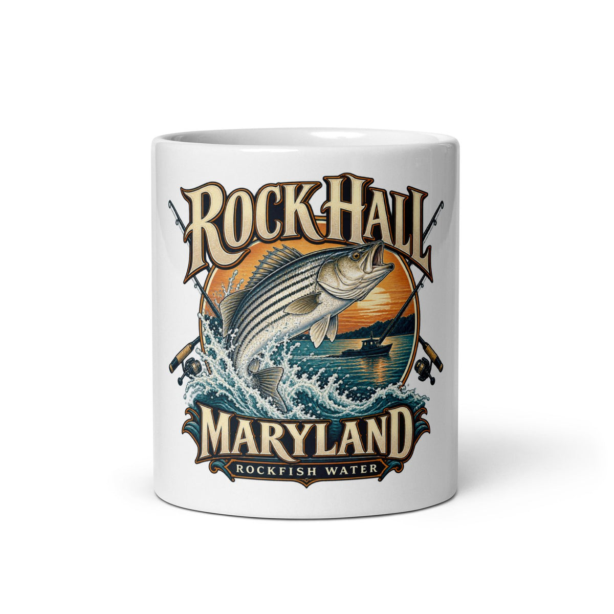 Rock Hall Maryland rockfish water artwork on 11 oz ceramic coffee mug