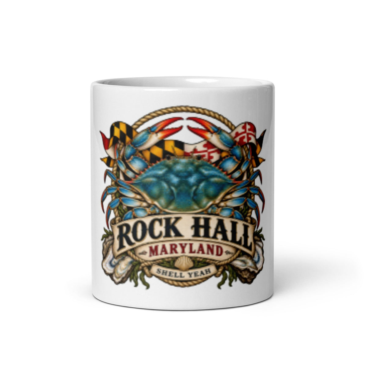 Rock Hall Maryland shell yeah artwork on 11 oz ceramic coffee mug