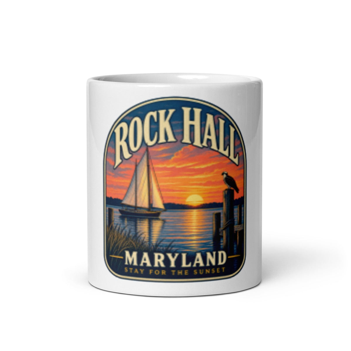 Rock Hall Maryland stay for the sunset artwork on 11 oz ceramic coffee mug