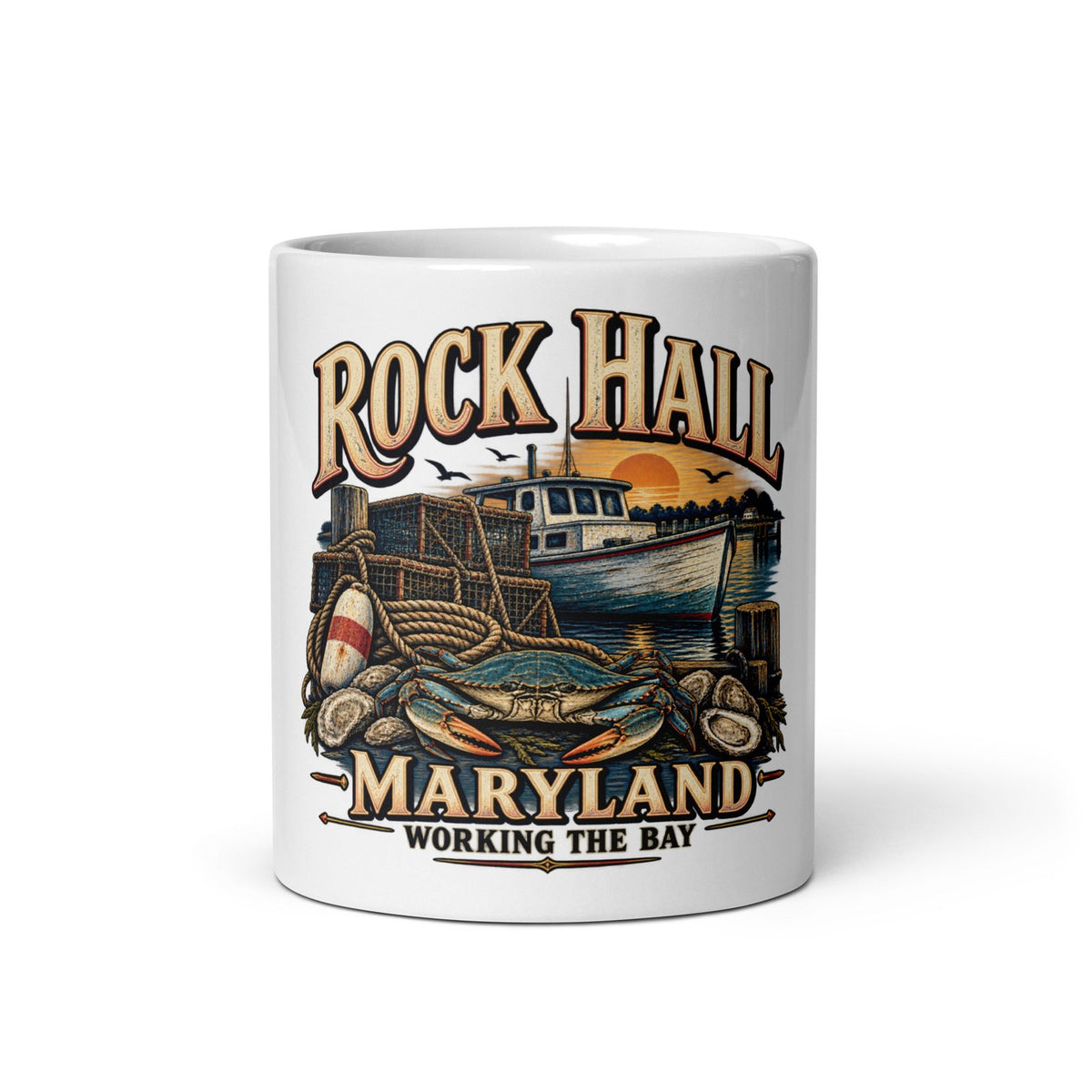 Rock Hall Maryland working the bay artwork on 11 oz ceramic coffee mug