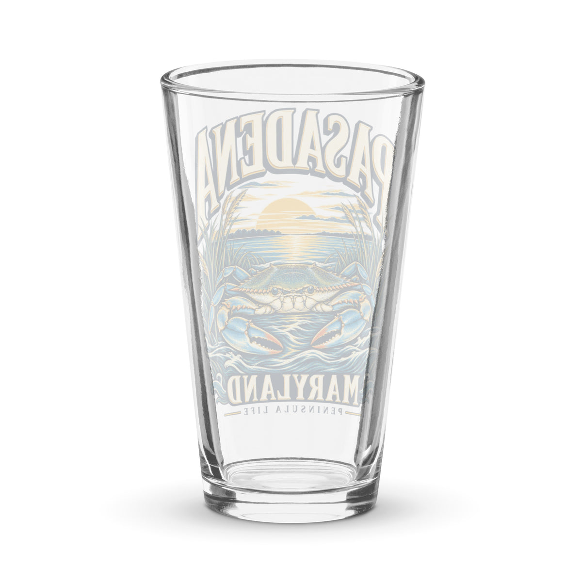 Pasadena Maryland Peninsula Life blue crab 16 oz pint glass, back view of the printed design