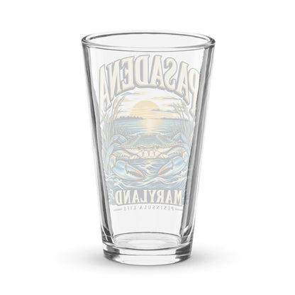 Pasadena Maryland Peninsula Life blue crab 16 oz pint glass, back view of the printed design