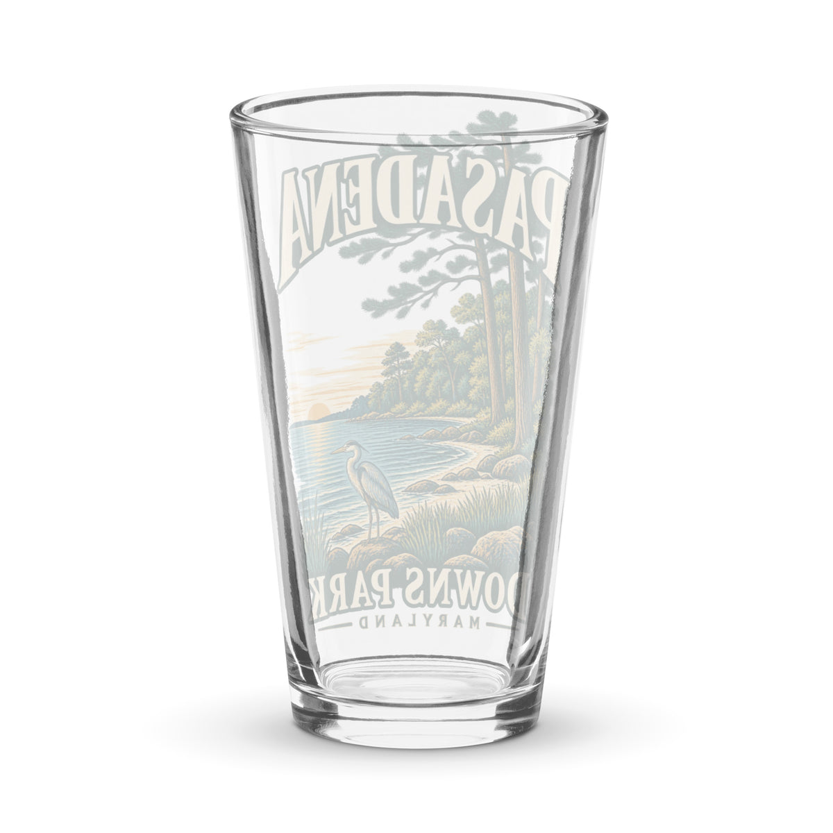 Pasadena Maryland Downs Park Shoreline heron 16 oz pint glass, back view of the printed design