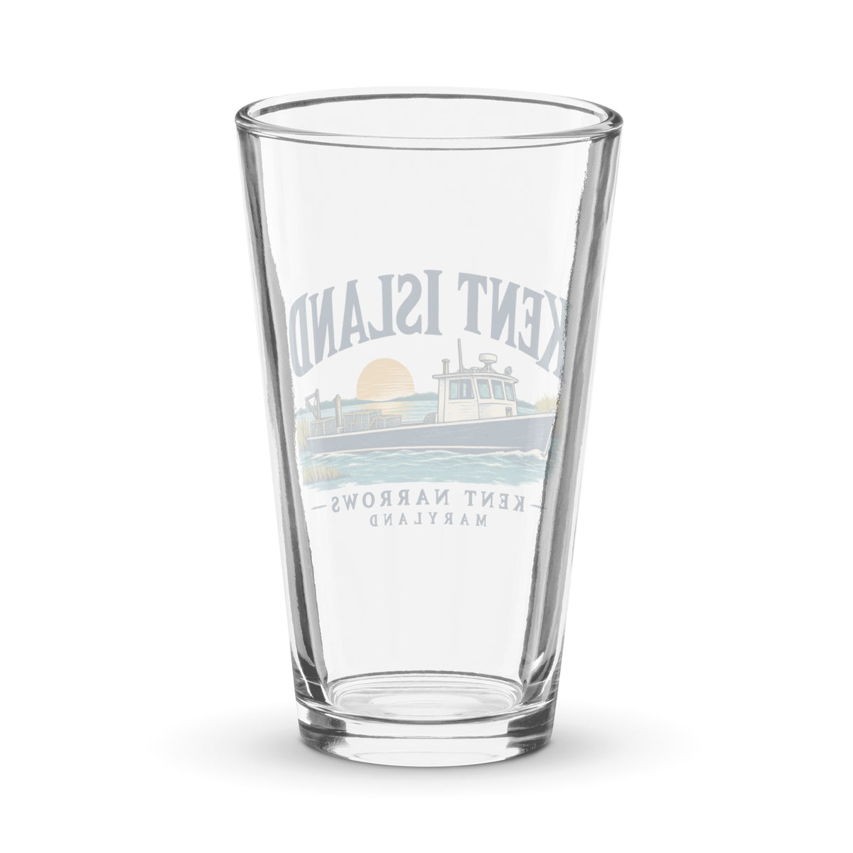 Back view of a clear 16 oz Kent Island Kent Narrows Workboat pint glass