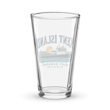 Back view of a clear 16 oz Kent Island Kent Narrows Workboat pint glass
