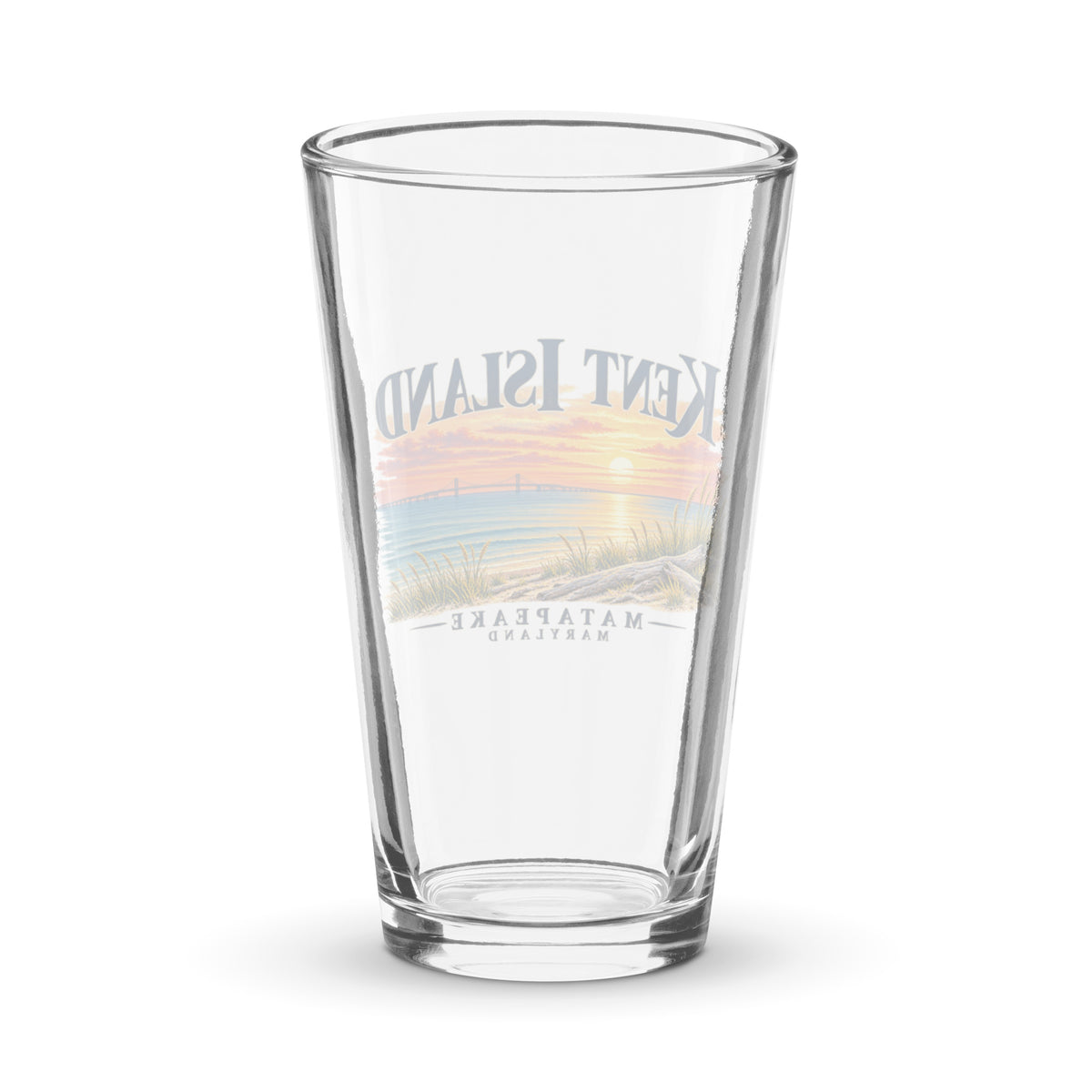 Back view of Kent Island Matapeake Sunset 16 oz pint glass with Chesapeake Bay shoreline artwork
