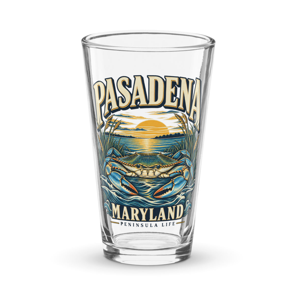 Pasadena Maryland Peninsula Life blue crab 16 oz pint glass, front view of the printed design