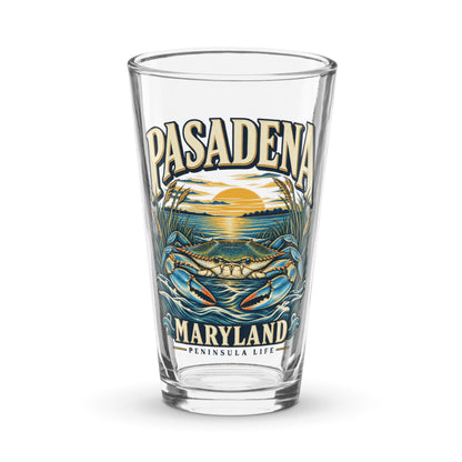 Pasadena Maryland Peninsula Life blue crab 16 oz pint glass, front view of the printed design