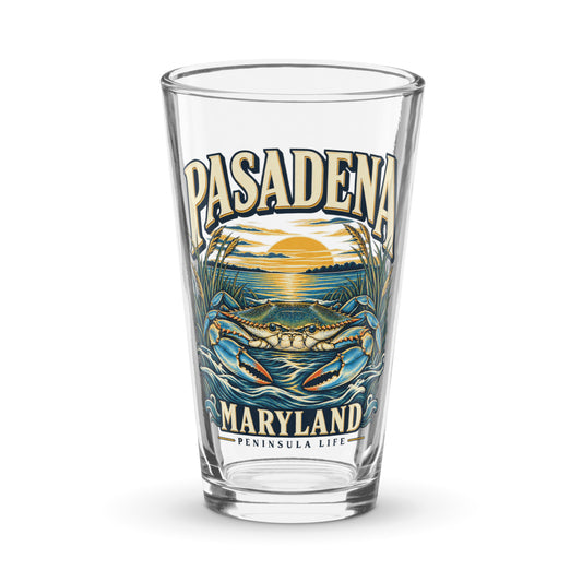 Pasadena Maryland Peninsula Life blue crab 16 oz pint glass, front view of the printed design