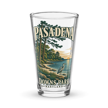 Pasadena Maryland Downs Park Shoreline heron 16 oz pint glass, front view of the printed design