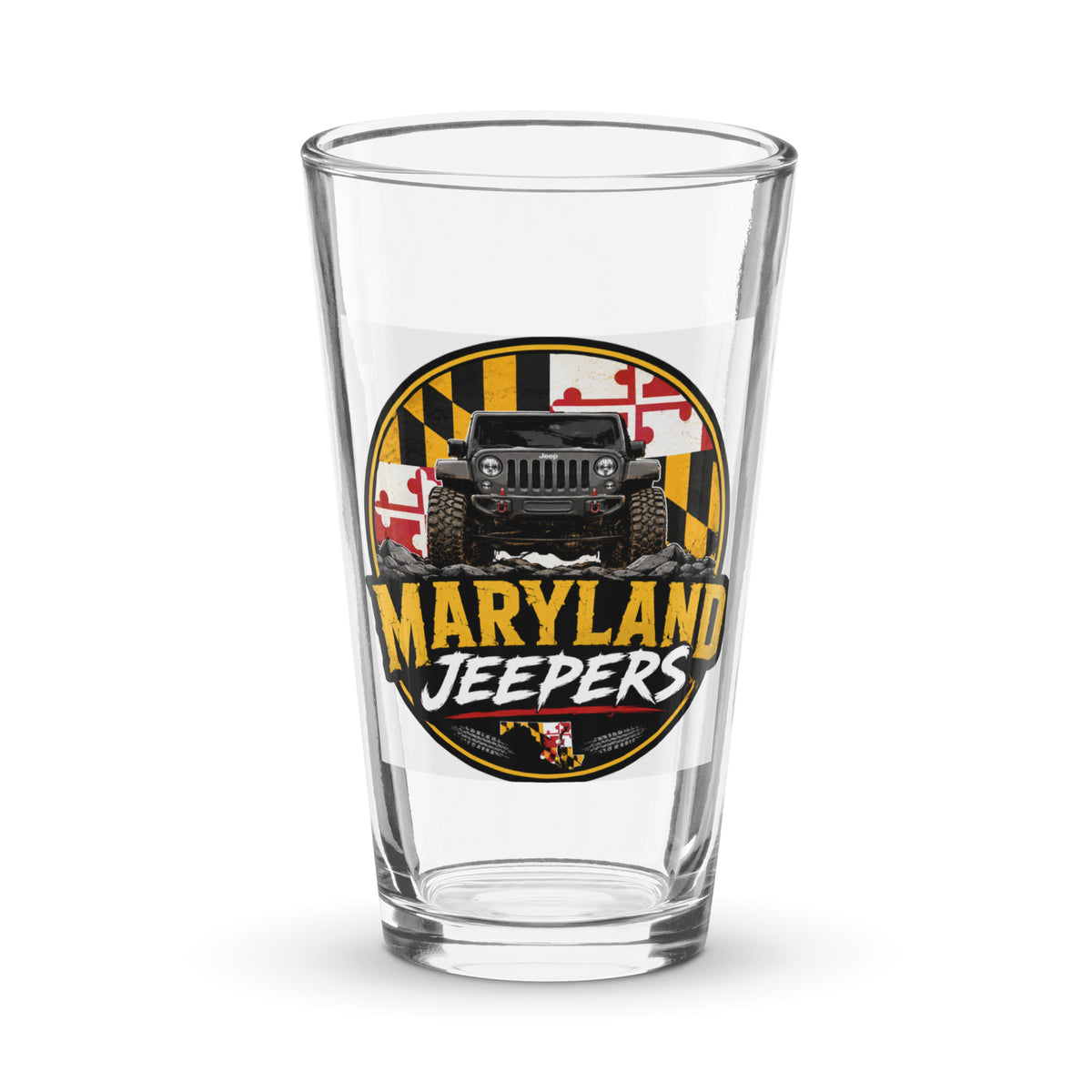 Maryland Jeepers flag badge 16 oz shaker pint glass, front view