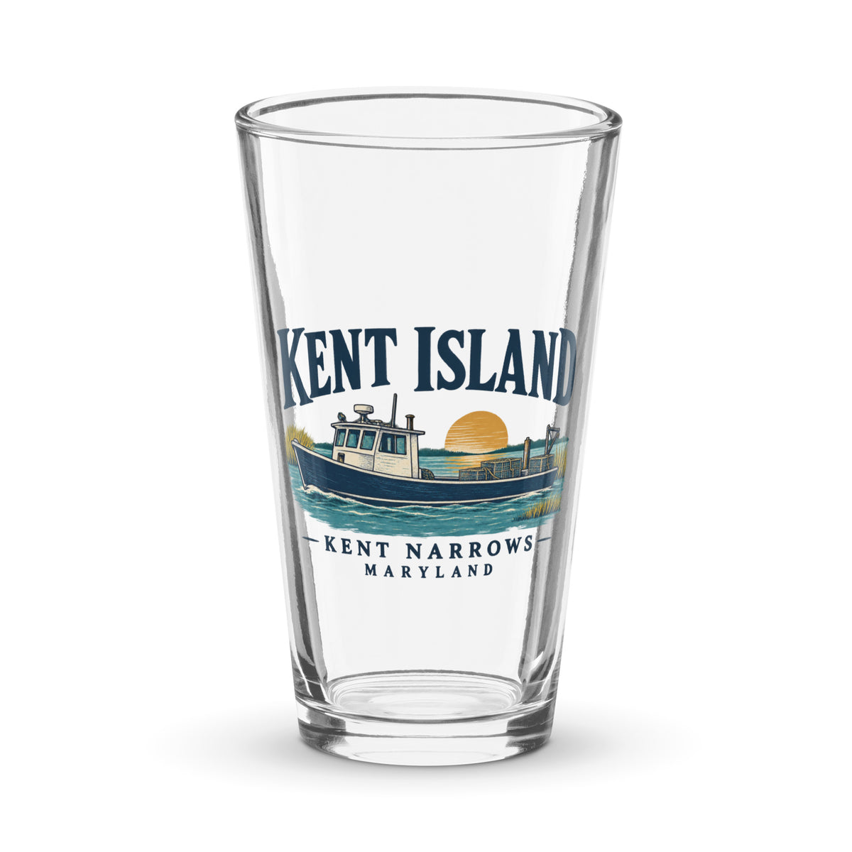 Front view of a clear 16 oz Kent Island Kent Narrows Workboat pint glass