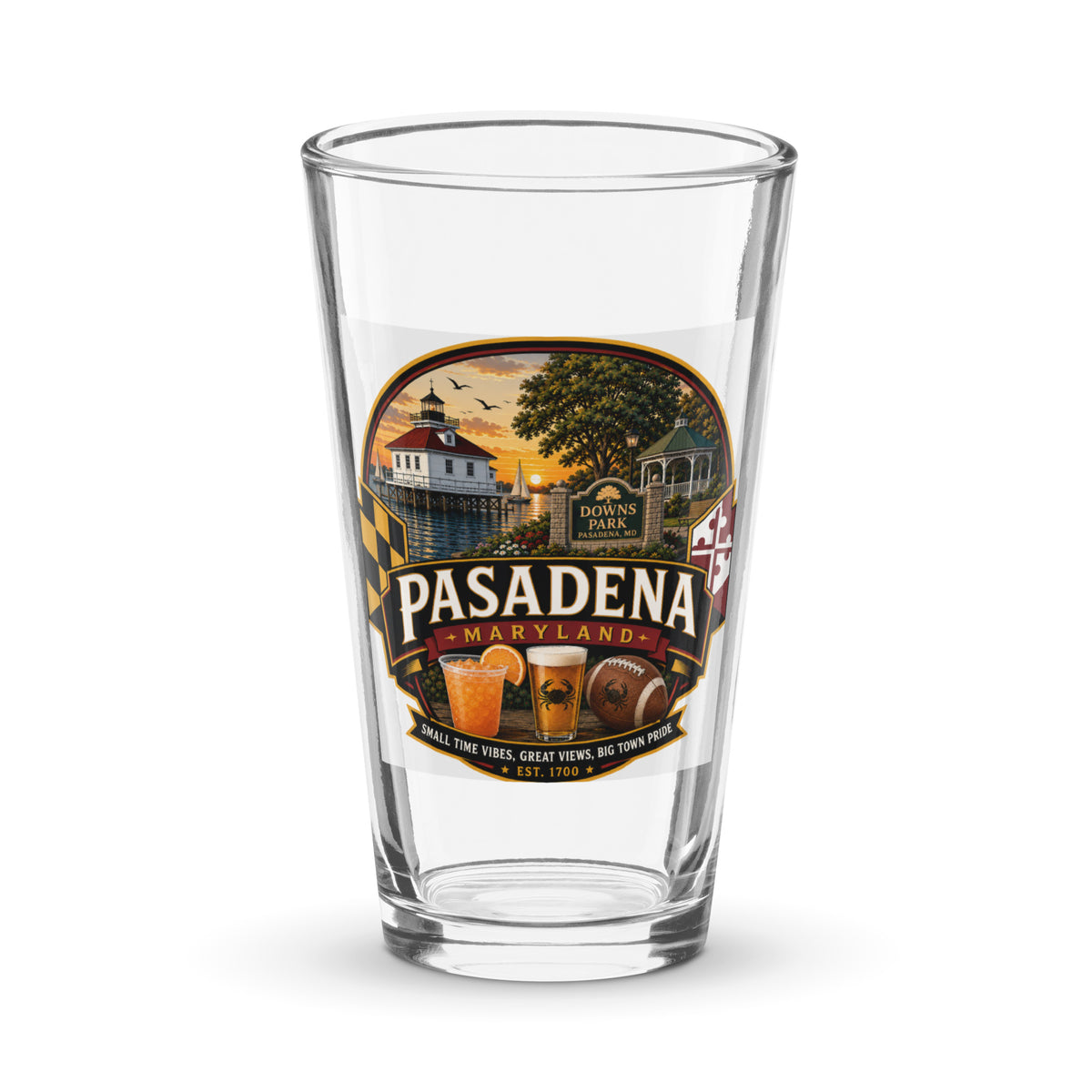 Pasadena Maryland Hometown Badge 16 oz. shaker pint glass – front view