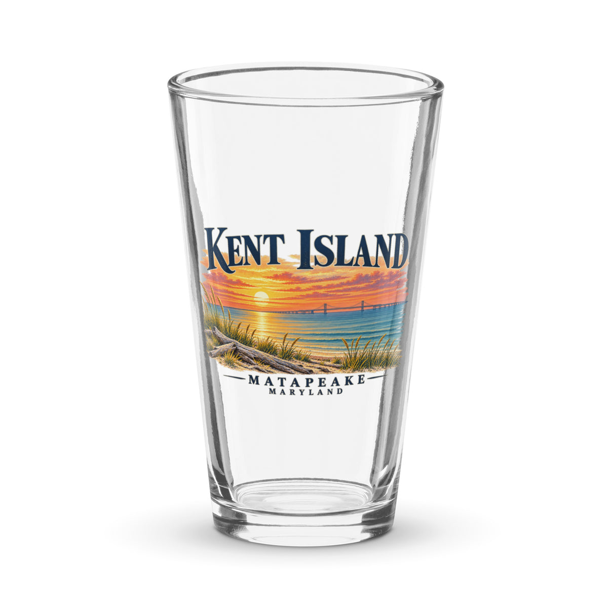 Front view of Kent Island Matapeake Sunset 16 oz pint glass with Chesapeake Bay shoreline artwork