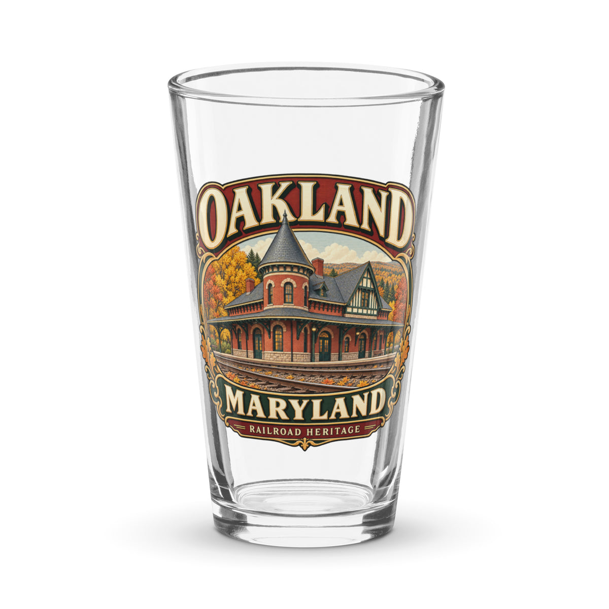 Oakland Maryland Railroad Heritage Beer Glass, 16 oz — front view showing the full artwork