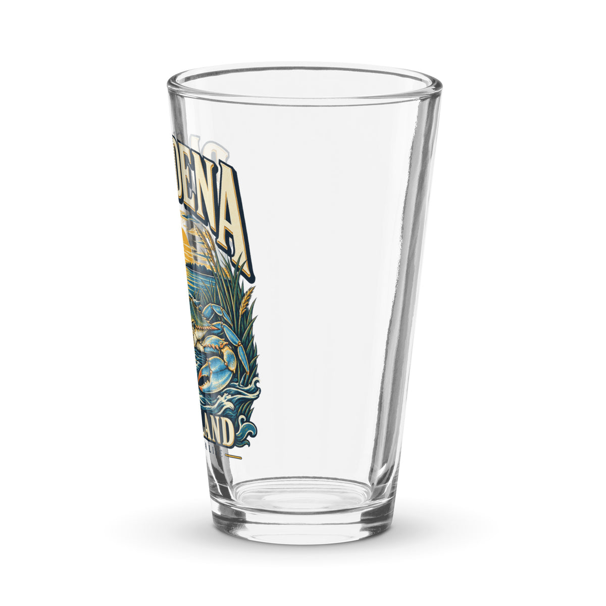 Pasadena Maryland Peninsula Life blue crab 16 oz pint glass, left side view of the printed design