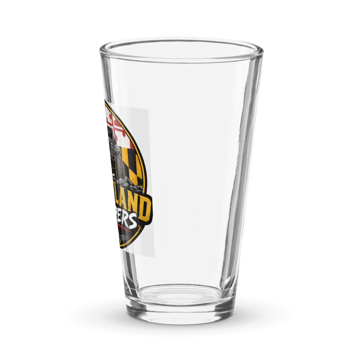 Maryland Jeepers flag badge 16 oz shaker pint glass, left view