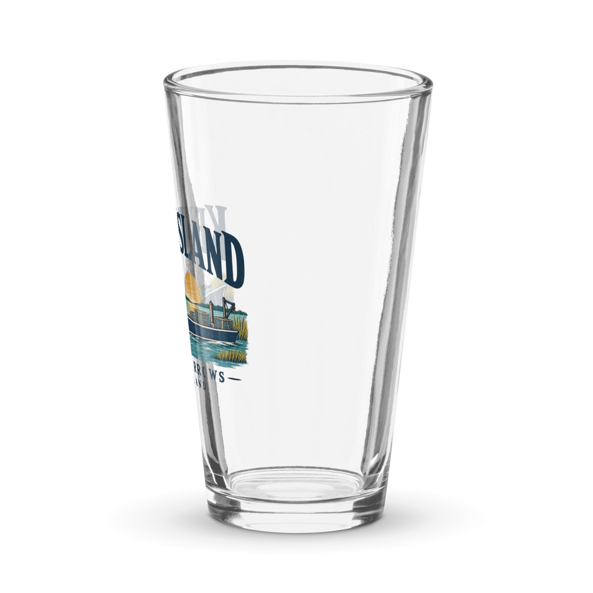 Left-side view of a clear 16 oz Kent Island Kent Narrows Workboat pint glass