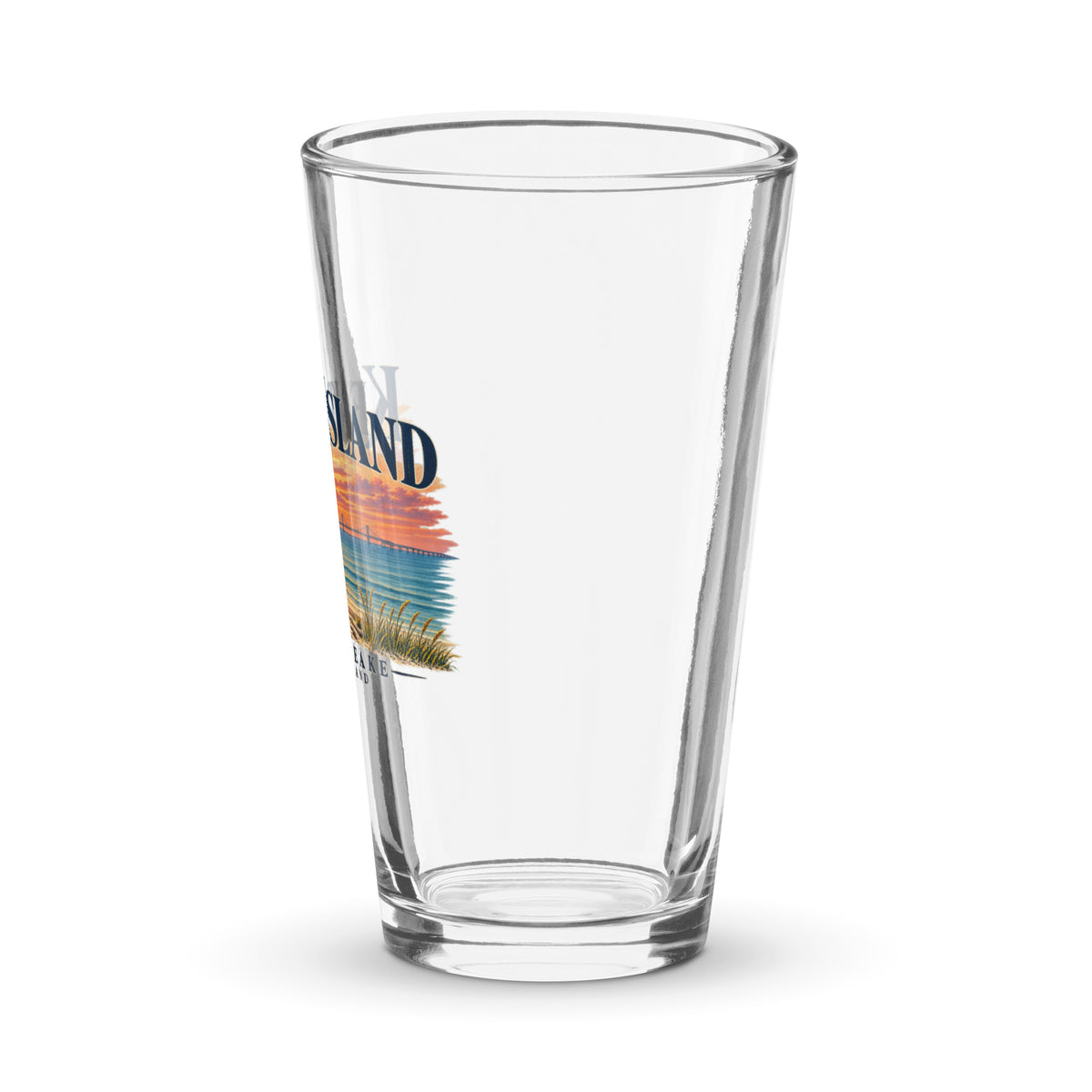 Left view of Kent Island Matapeake Sunset 16 oz pint glass with Chesapeake Bay shoreline artwork