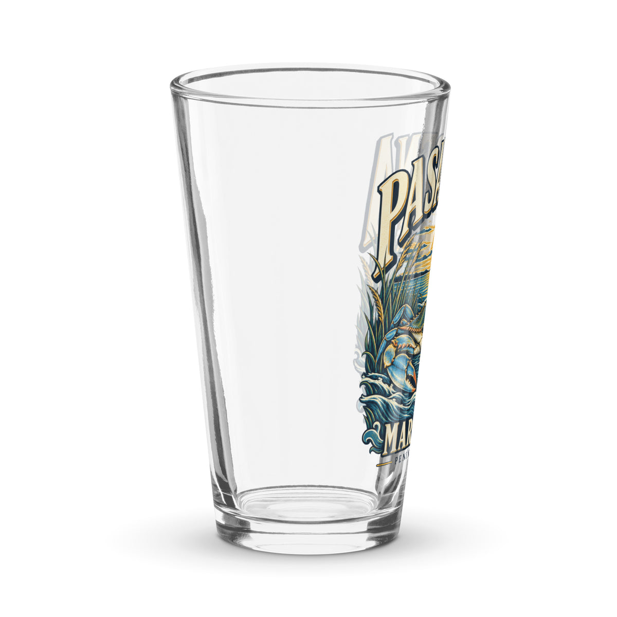 Pasadena Maryland Peninsula Life blue crab 16 oz pint glass, right side view of the printed design