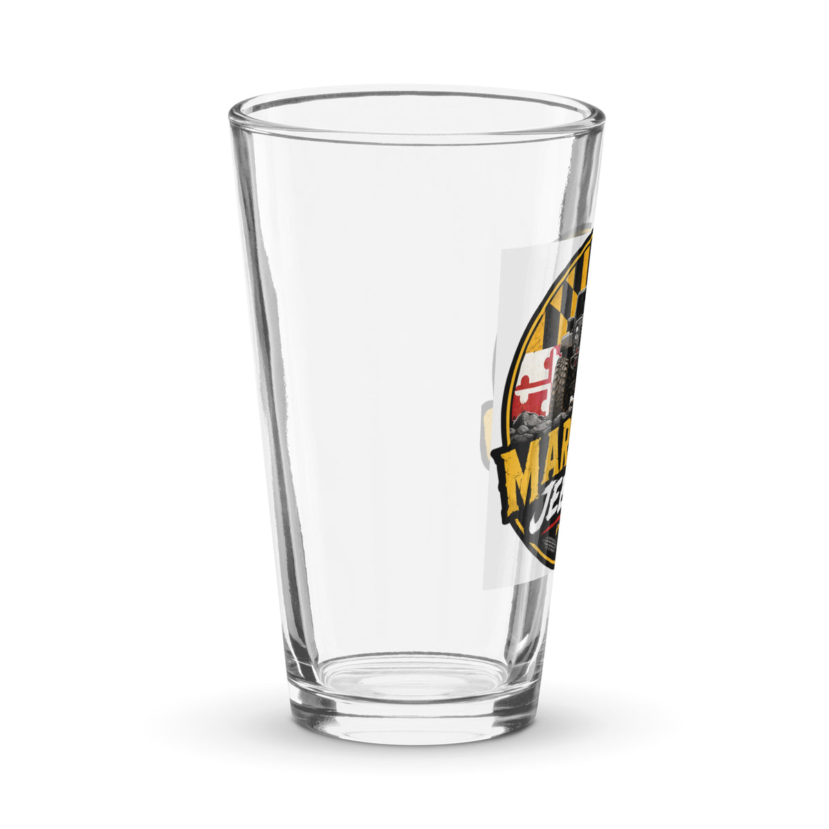 Maryland Jeepers flag badge 16 oz shaker pint glass, right view