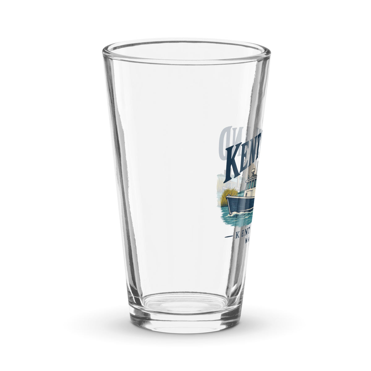 Right-side view of a clear 16 oz Kent Island Kent Narrows Workboat pint glass