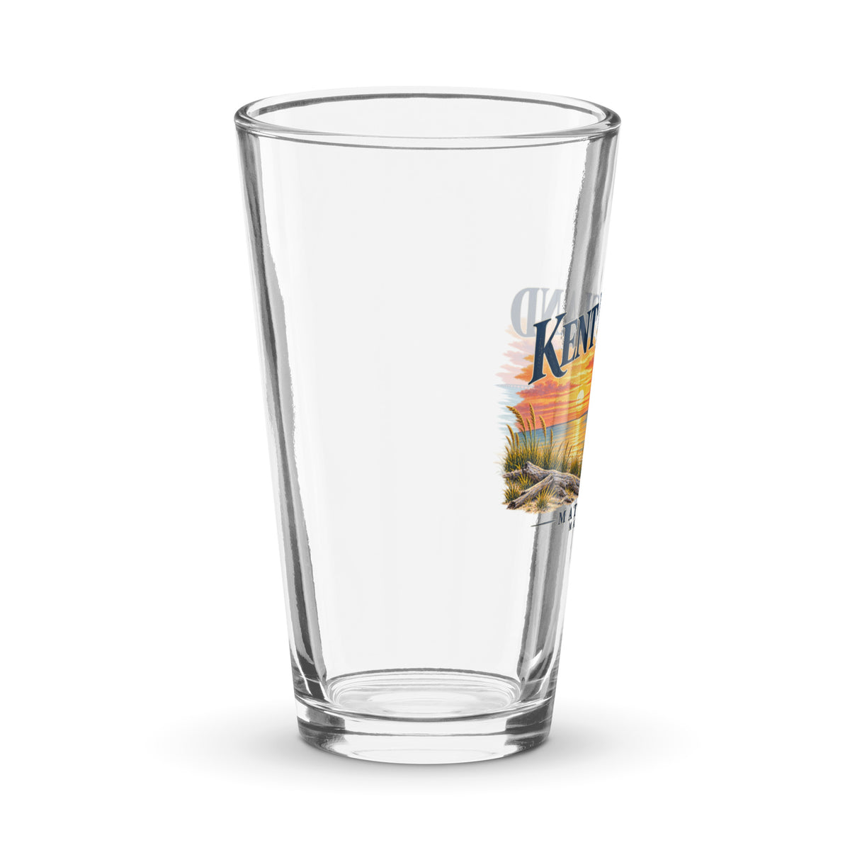 Right view of Kent Island Matapeake Sunset 16 oz pint glass with Chesapeake Bay shoreline artwork