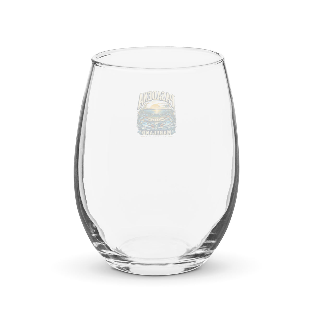 Pasadena Maryland Peninsula Life blue crab stemless wine glass, back view
