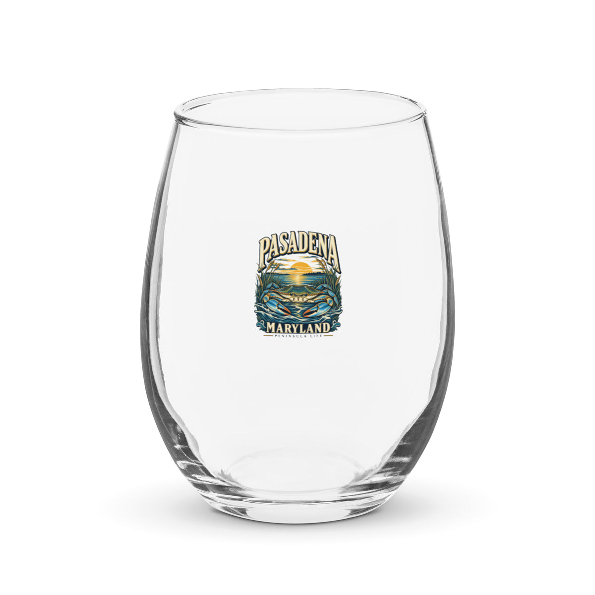 Pasadena Maryland Peninsula Life blue crab stemless wine glass, front view