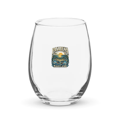 Pasadena Maryland Peninsula Life blue crab stemless wine glass, front view