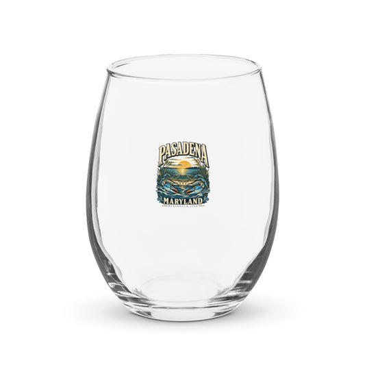 Pasadena Maryland Peninsula Life blue crab stemless wine glass, front view