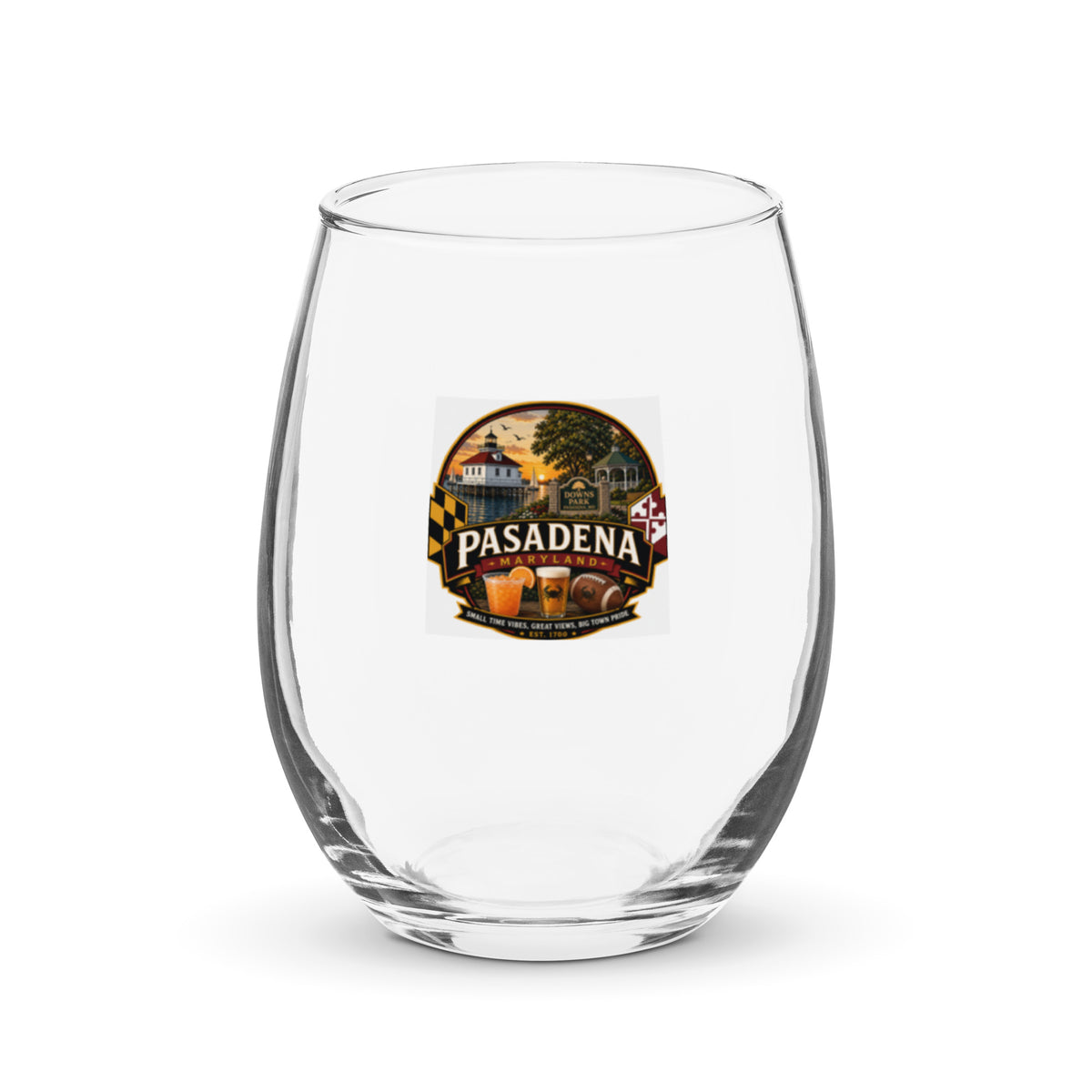 Pasadena Maryland Hometown Badge 15 oz. stemless wine glass – front view