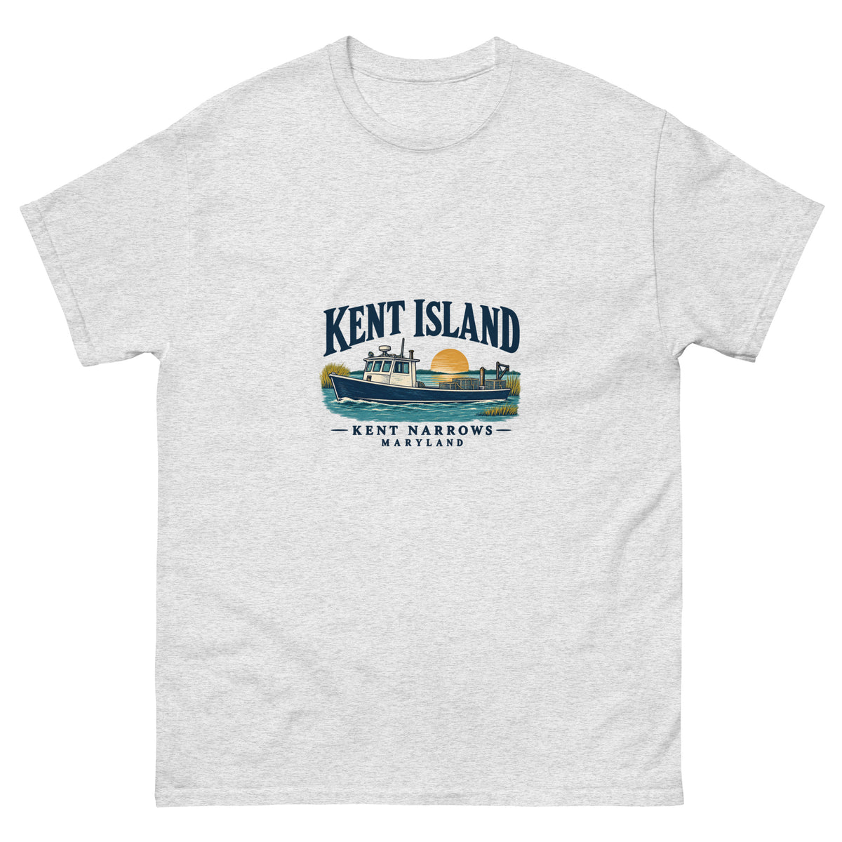 Ash Kent Island Kent Narrows T-shirt with Chesapeake workboat illustration on the front