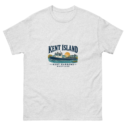 Ash Kent Island Kent Narrows T-shirt with Chesapeake workboat illustration on the front