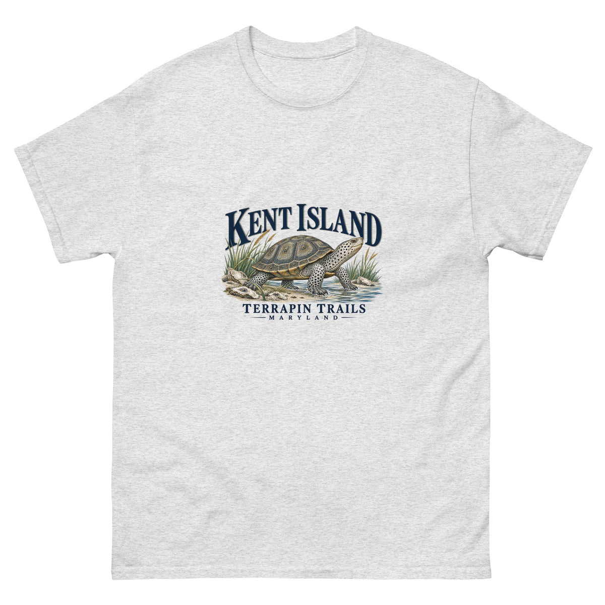 Front view of Ash Kent Island Terrapin Trails unisex T-shirt with diamondback terrapin illustration