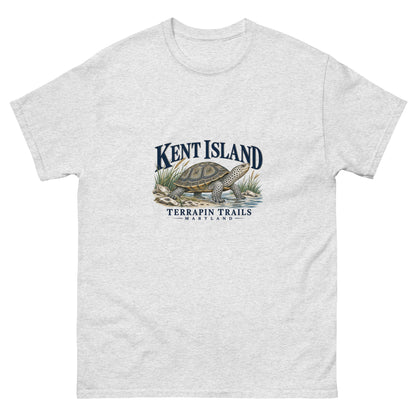 Front view of Ash Kent Island Terrapin Trails unisex T-shirt with diamondback terrapin illustration