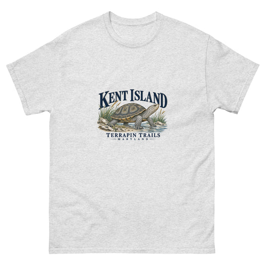 Front view of Ash Kent Island Terrapin Trails unisex T-shirt with diamondback terrapin illustration