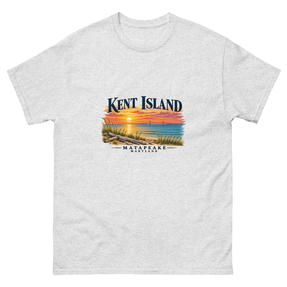Front view of ash Kent Island Matapeake Sunset unisex T-shirt with Chesapeake Bay sunset artwork